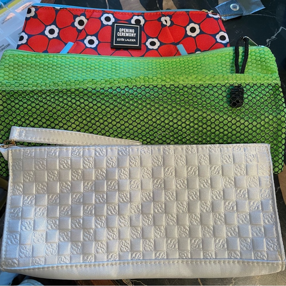 3 Multi-use Zippered Pouches Red Sporty Bag Green Vented Bag & White Classy Bag